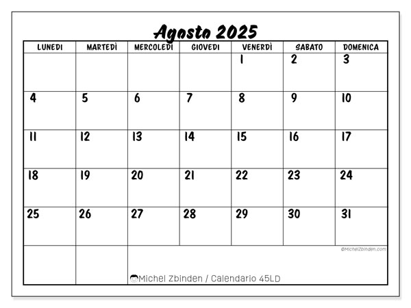 Calendario da stampare, agosto 2025, 45LD