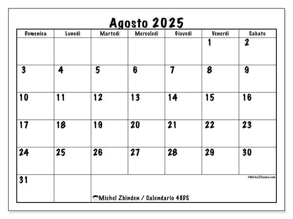 Calendario da stampare, agosto 2025, 48DS