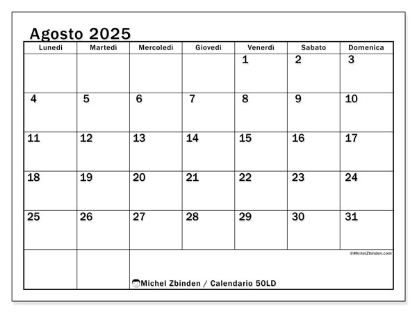 Calendario da stampare, agosto 2025, 50LD