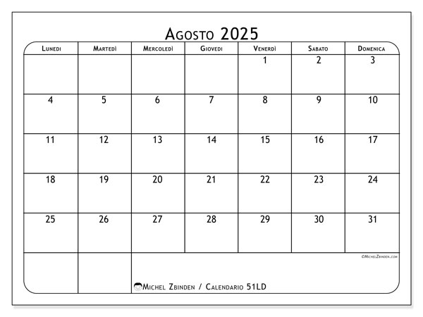Calendario da stampare, agosto 2025, 51LD