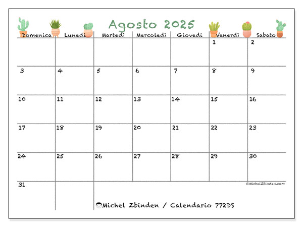 Calendario da stampare, agosto 2025, 772DS