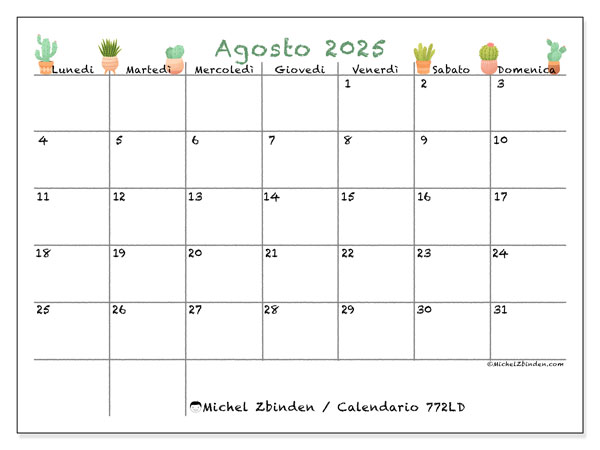 Calendario da stampare, agosto 2025, 772LD