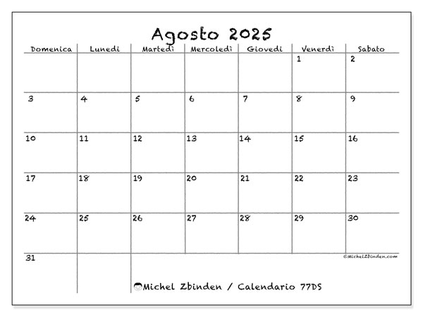 Calendario da stampare, agosto 2025, 77DS