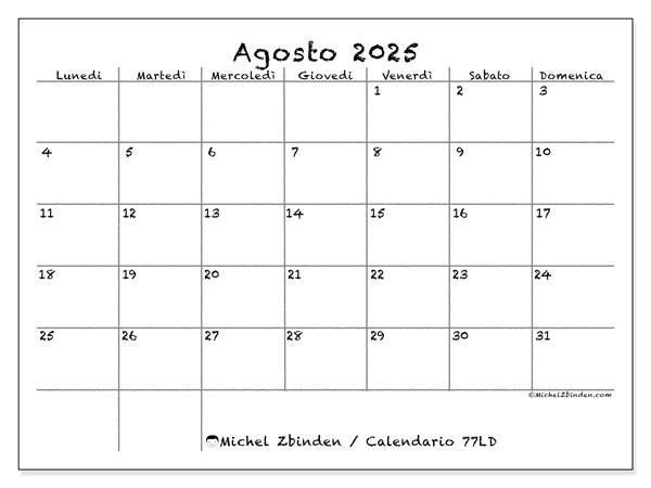 Calendario da stampare, agosto 2025, 77LD