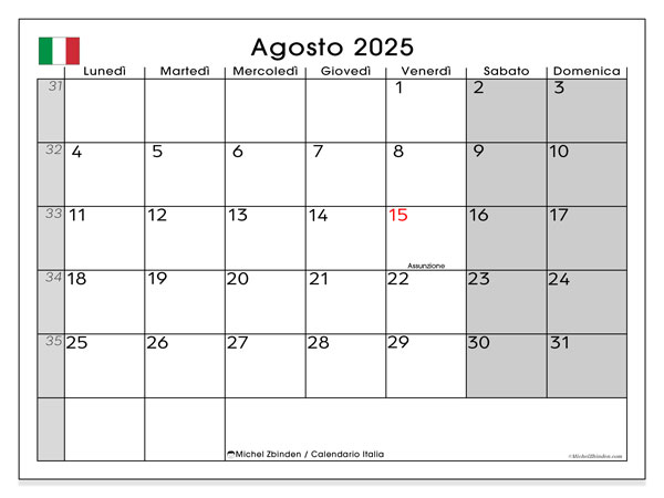 Tulostettava kalenteri, elokuu 2025, Italia
