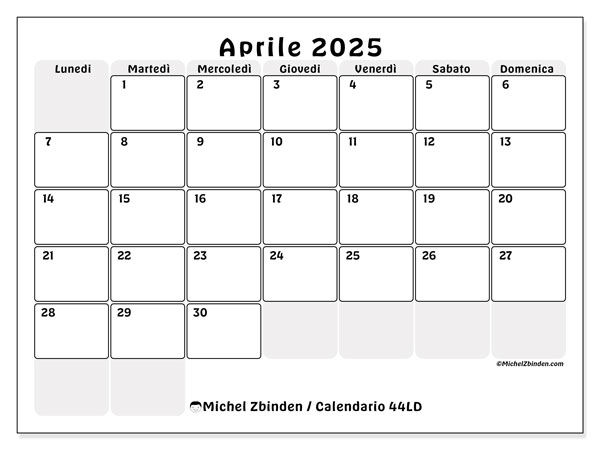 Calendario aprile 2025, 44LD. Piano da stampare gratuito.