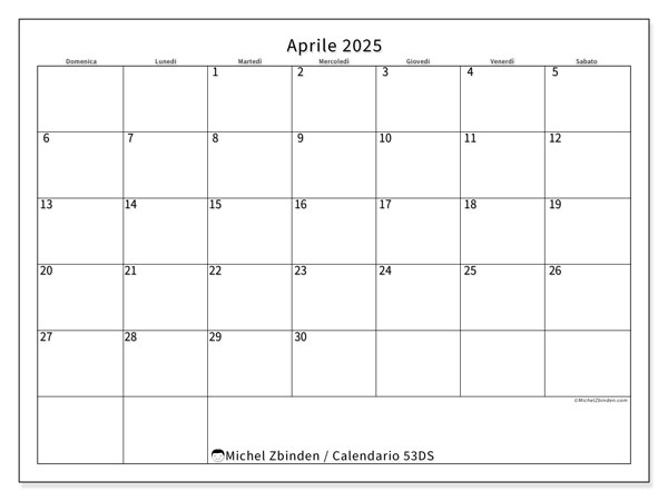 Calendario aprile 2025 “53”. Piano da stampare gratuito.. Da domenica a sabato