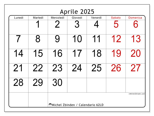 Calendario aprile 2025 “62”. Calendario da stampare gratuito.. Da lunedì a domenica