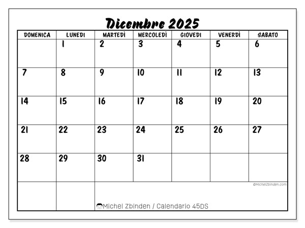 Calendario da stampare, dicembre 2025, 45DS