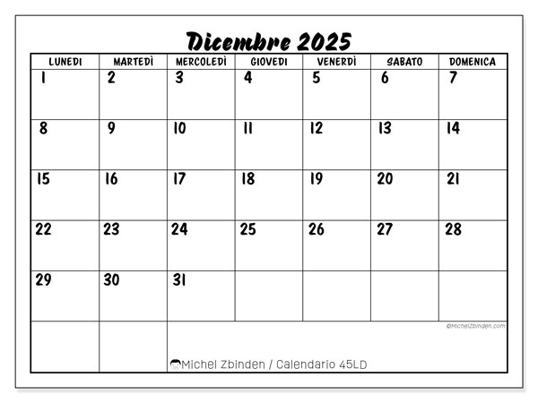 Calendario da stampare, dicembre 2025, 45LD