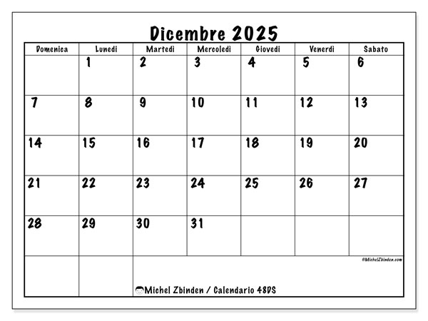 Calendario da stampare, dicembre 2025, 48DS