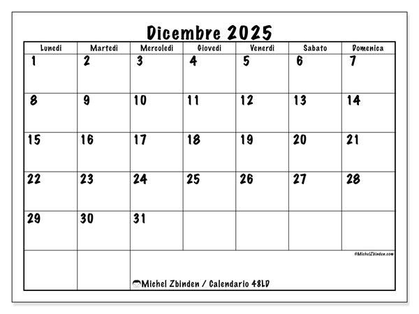 Calendario da stampare, dicembre 2025, 48LD