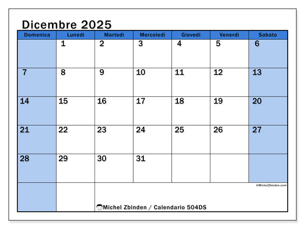 Calendario da stampare, dicembre 2025, 504DS