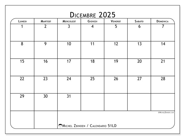 Calendario da stampare, dicembre 2025, 51LD