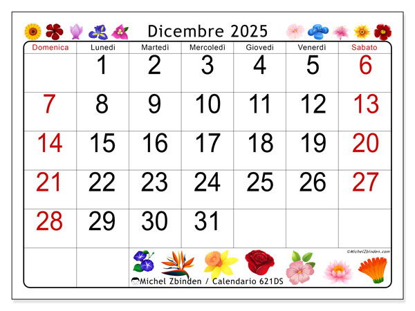 Calendario da stampare, dicembre 2025, 621DS