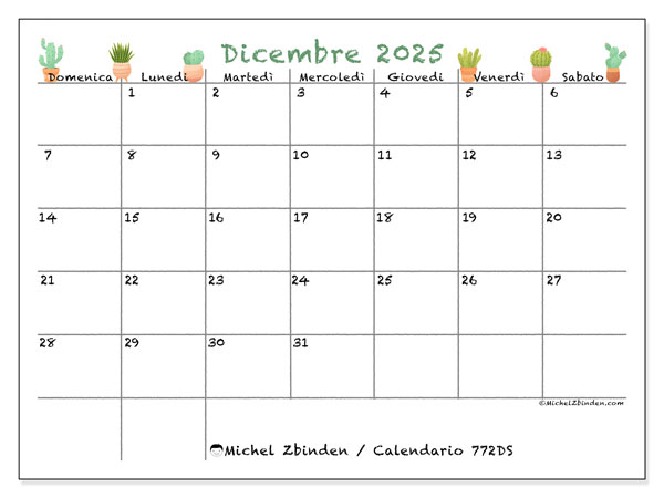 Calendario da stampare, dicembre 2025, 772DS