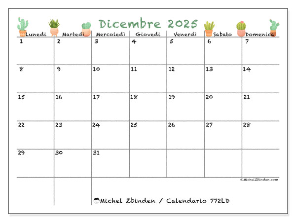 Calendario da stampare, dicembre 2025, 772LD