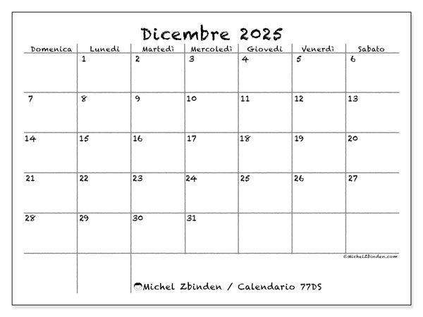 Calendario da stampare, dicembre 2025, 77DS