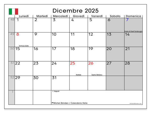 Tulostettava kalenteri, joulukuu 2025, Italia