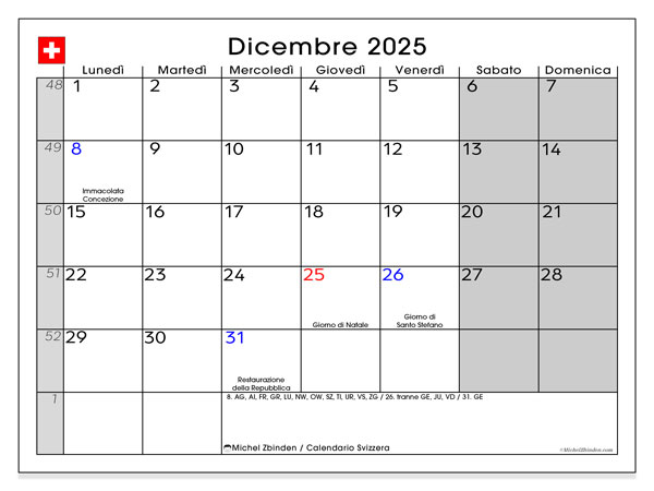 Kalendarz do druku, grudzień 2025, Szwajcaria (IT)