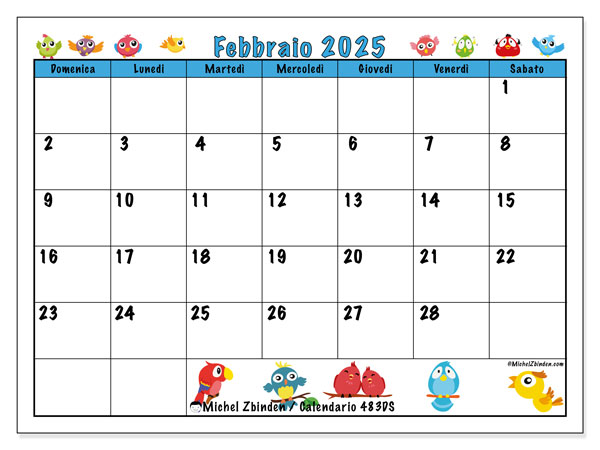 Calendario febbraio 2025 “483”. Calendario da stampare gratuito.. Da domenica a sabato