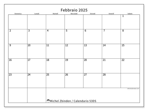 Calendario febbraio 2025 “53”. Orario da stampare gratuito.. Da domenica a sabato