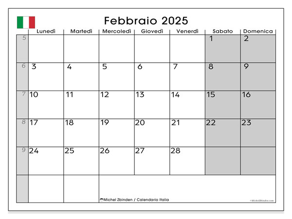 Kalenteri helmikuu 2025 “Italia”. Ilmainen tulostettava aikataulu.. Maanantaista sunnuntaihin