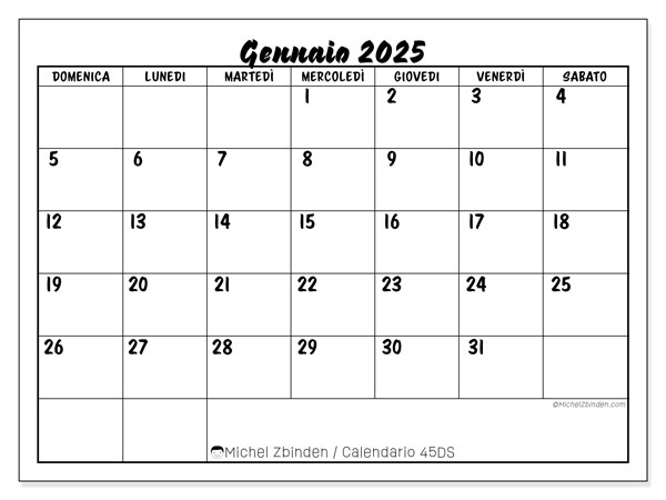 Calendario gennaio 2025 “45”. Calendario da stampare gratuito.. Da domenica a sabato