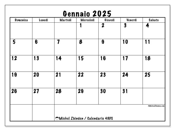 Calendario gennaio 2025 “48”. Programma da stampare gratuito.. Da domenica a sabato