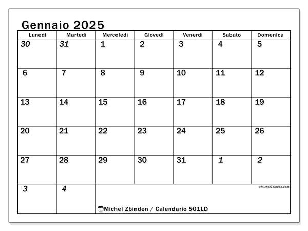 Calendario gennaio 2025 “501”. Piano da stampare gratuito.. Da lunedì a domenica