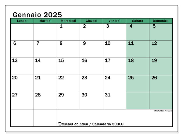 Calendario gennaio 2025 “503”. Calendario da stampare gratuito.. Da lunedì a domenica