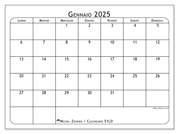 Calendario gennaio 2025 “51”. Calendario da stampare gratuito.. Da lunedì a domenica