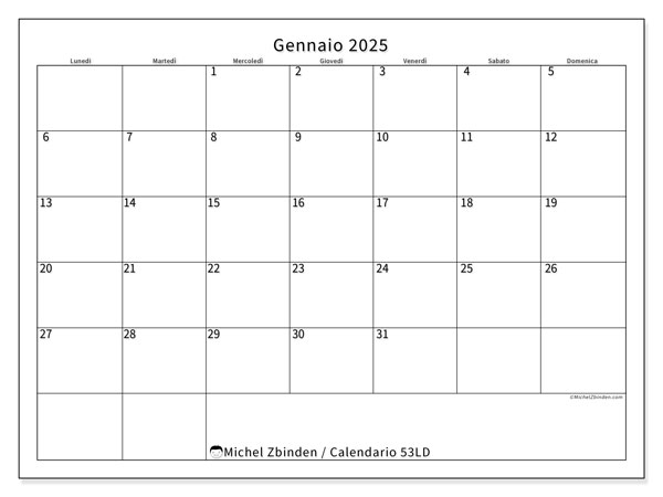 Calendario gennaio 2025 “53”. Orario da stampare gratuito.. Da lunedì a domenica