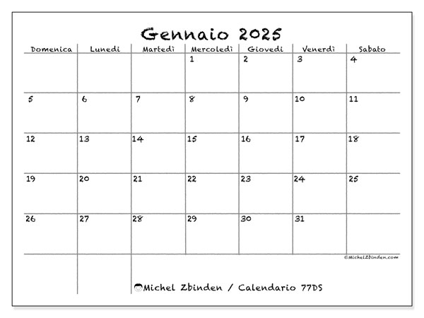 Calendario gennaio 2025 “77”. Calendario da stampare gratuito.. Da domenica a sabato
