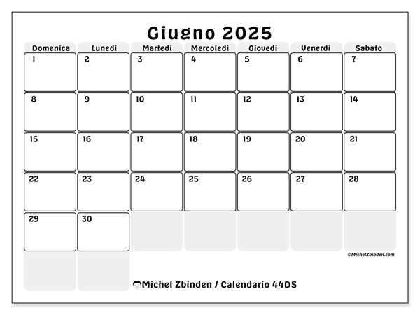 Calendario giugno 2025 “44”. Calendario da stampare gratuito.. Da domenica a sabato