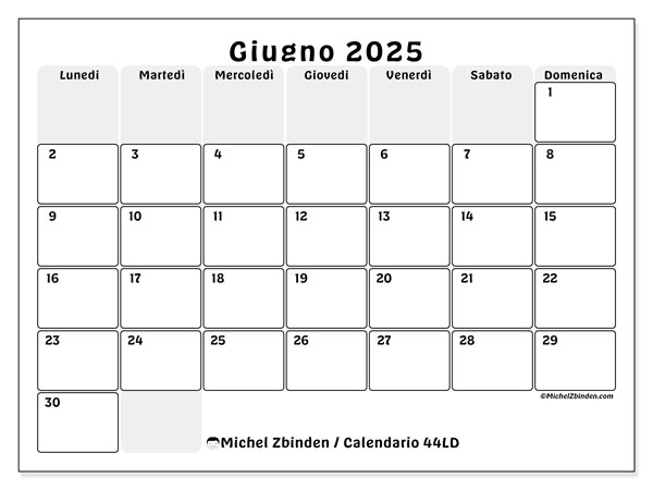 Calendario giugno 2025 “44”. Calendario da stampare gratuito.. Da lunedì a domenica