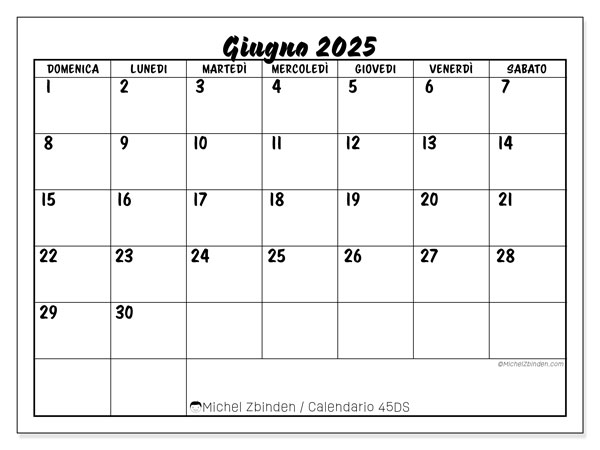 Calendario da stampare, giugno 2025, 45DS