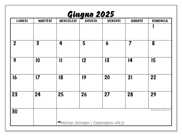 Calendario da stampare, giugno 2025, 45LD