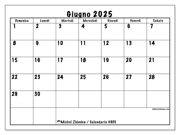 Calendario da stampare, giugno 2025, 48DS
