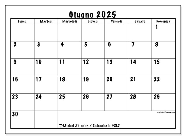 Calendario da stampare, giugno 2025, 48LD