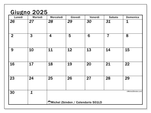 Calendario da stampare, giugno 2025, 501LD