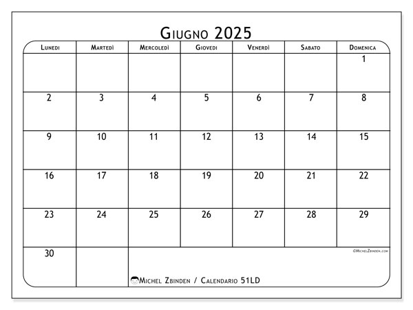 Calendario da stampare, giugno 2025, 51LD