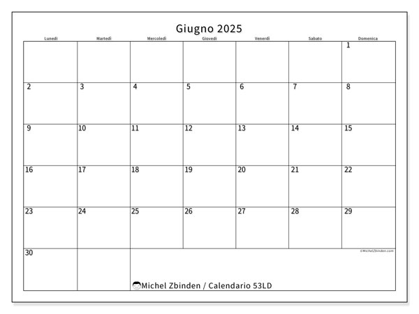 Calendario giugno 2025 “53”. Piano da stampare gratuito.. Da lunedì a domenica