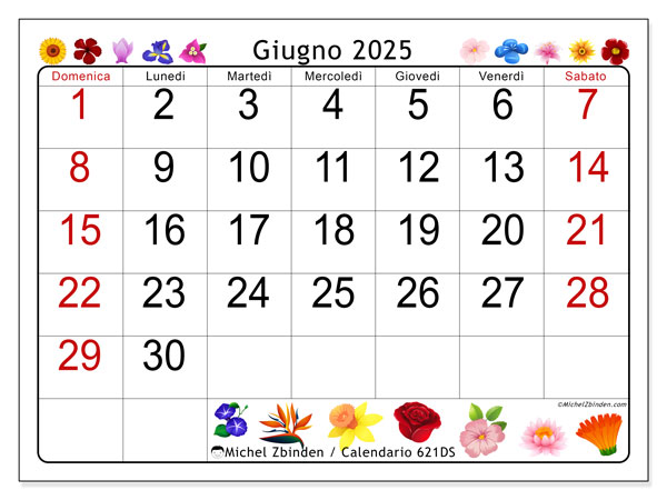 Calendario da stampare, giugno 2025, 621DS