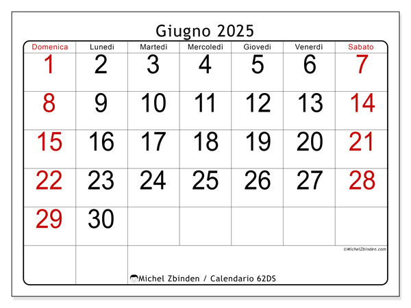 Calendario da stampare, giugno 2025, 62DS