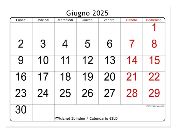 Calendario da stampare, giugno 2025, 62LD