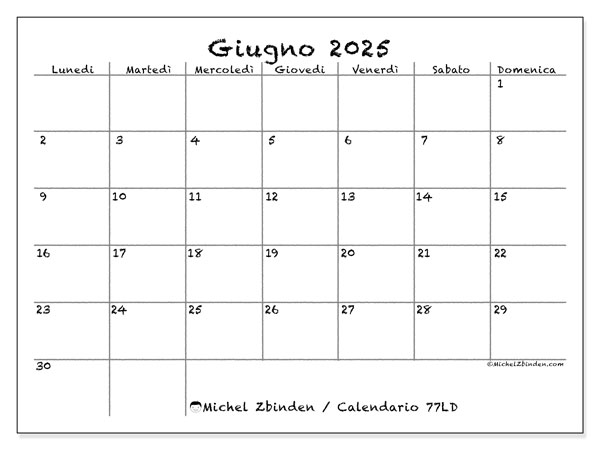 Calendario da stampare, giugno 2025, 77LD