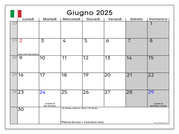 Calendario da stampare, giugno 2025, Italia