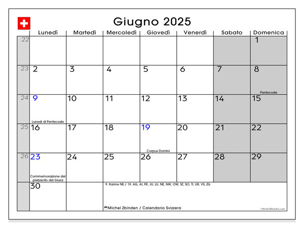 Calendario da stampare, giugno 2025, Svizzera