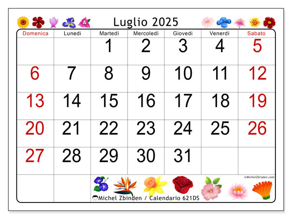Calendario da stampare, luglio 2025, 621DS